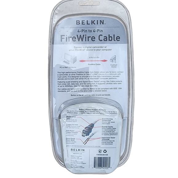 Belkin 4-pin to 4-pin Cable 6 feet Connect Firewire Device to Computer - Picture 7 of 7